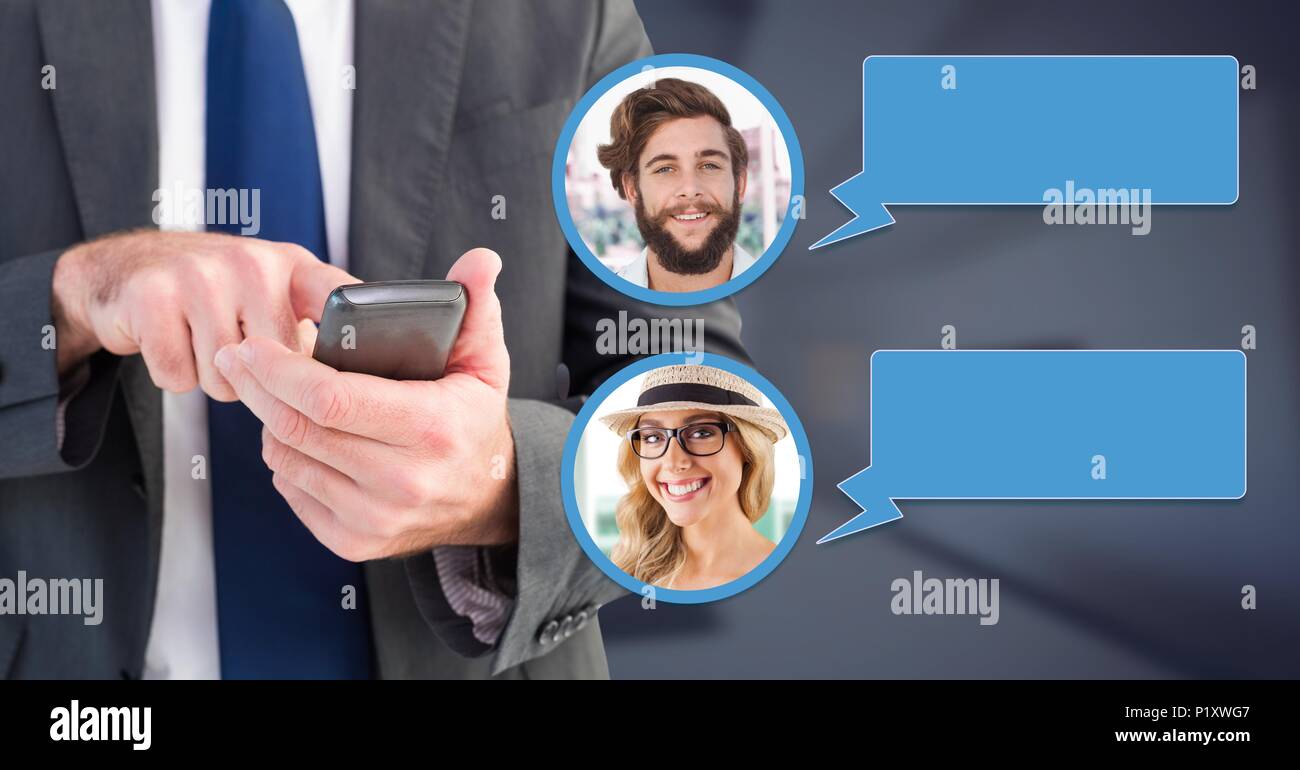 Messaging App on phone in hand with chat profiles Stock Photo