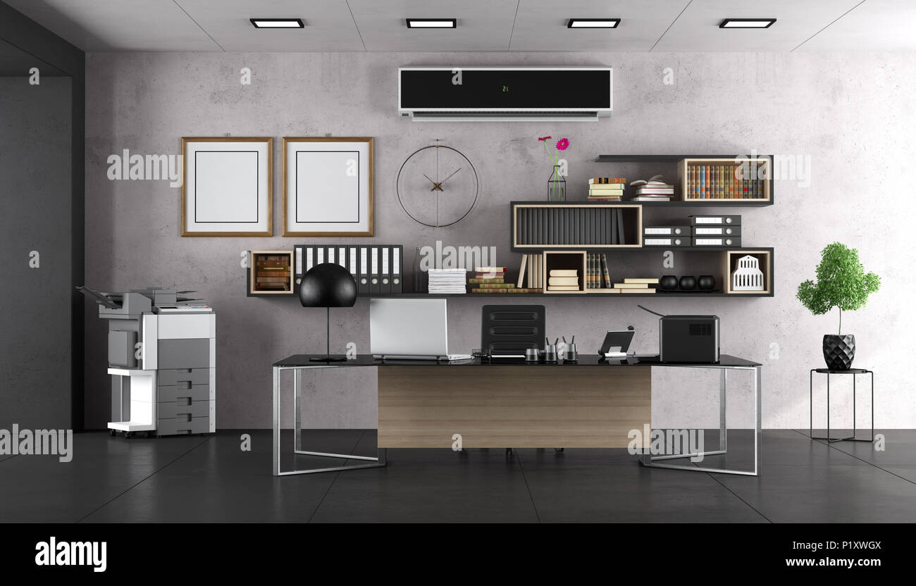 Modern office with large desk and bookcase - 3d rendering Stock Photo