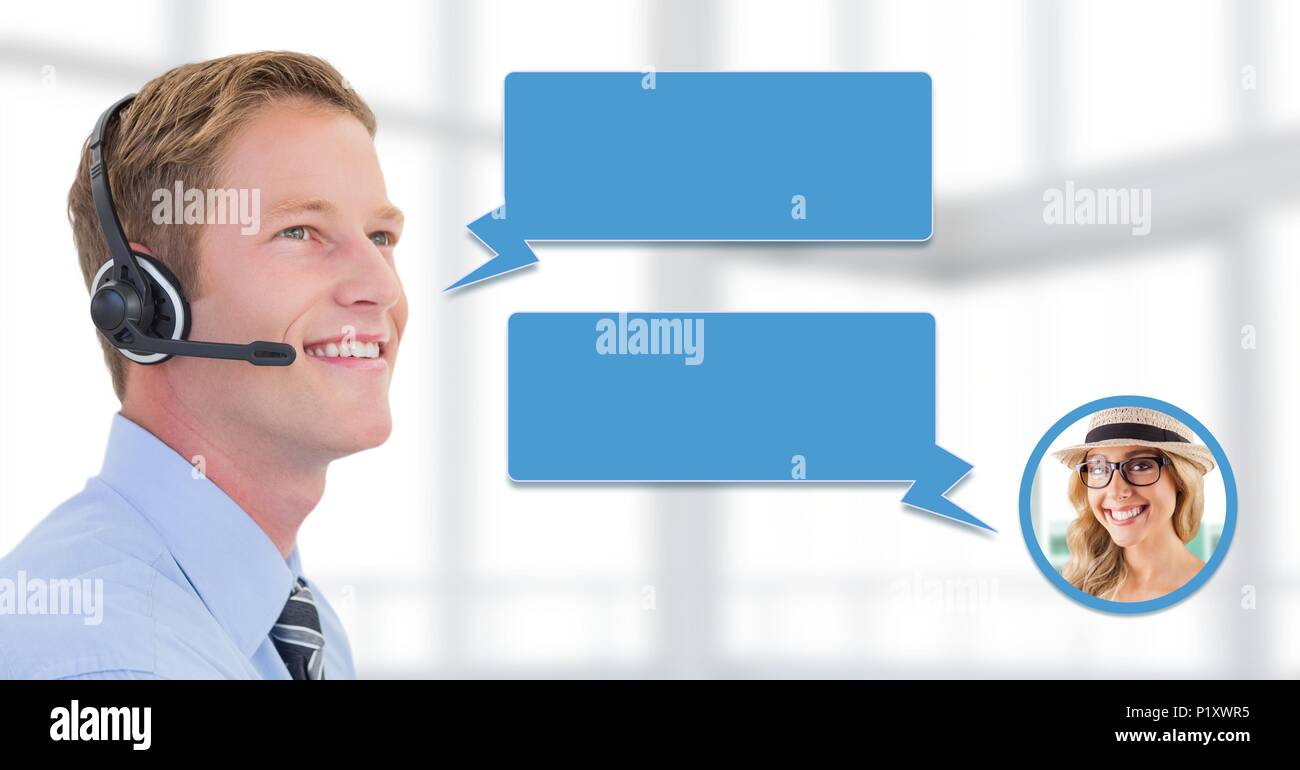 Customer service man with chat bubble and womans profile Stock Photo
