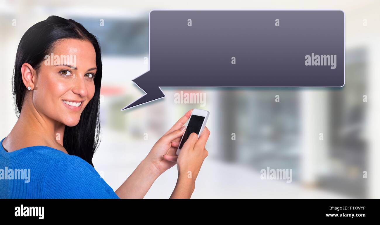 Woman using phone with chat bubble Stock Photo