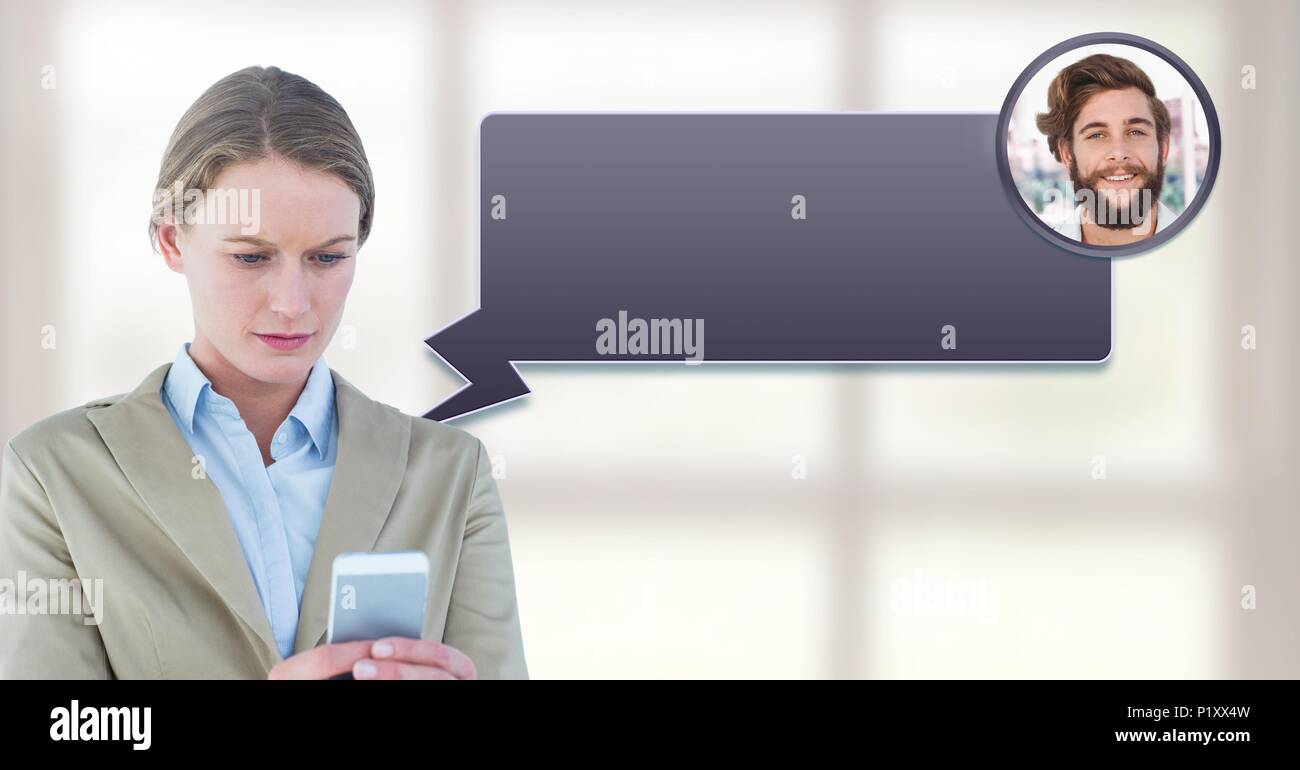 Woman using phone with chat bubble messaging profile Stock Photo