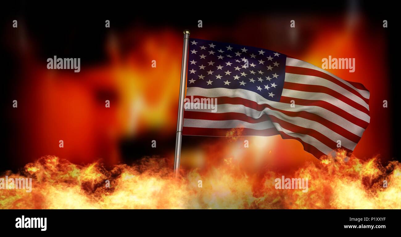 America flag and burning fire Stock Photo