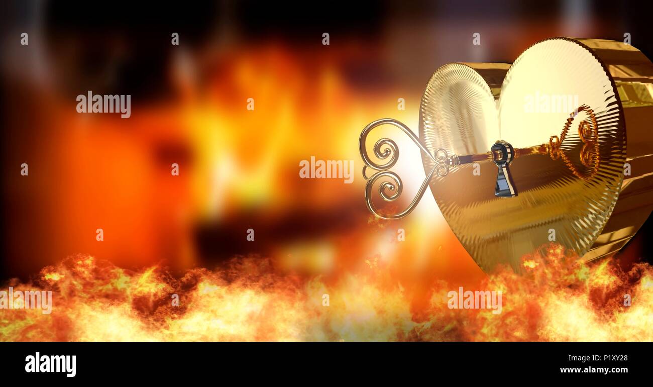 Golden heart and key with burning fire Stock Photo Alamy