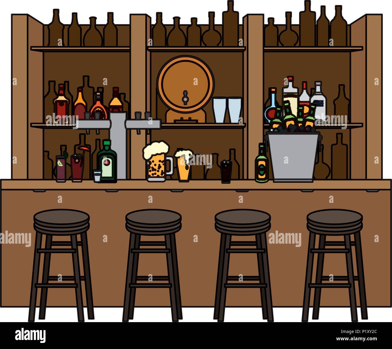 color bar liquor beverages with chairs objects Stock Vector