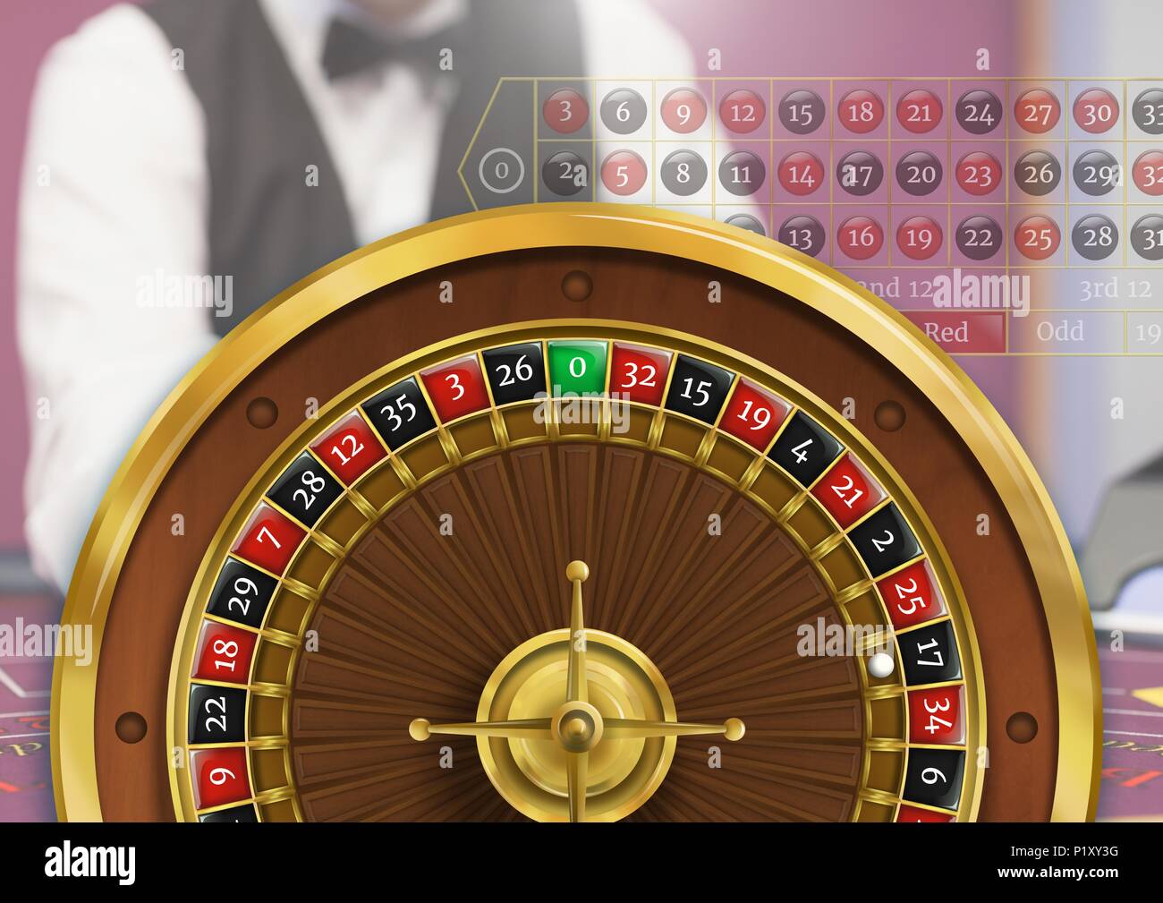 Roulette wheel and croupier Stock Photo