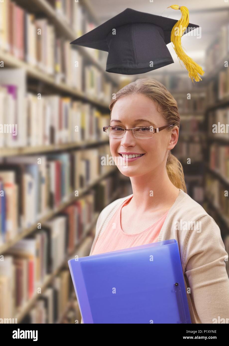 Student woman in education library with graduation hat Stock Photo - Alamy