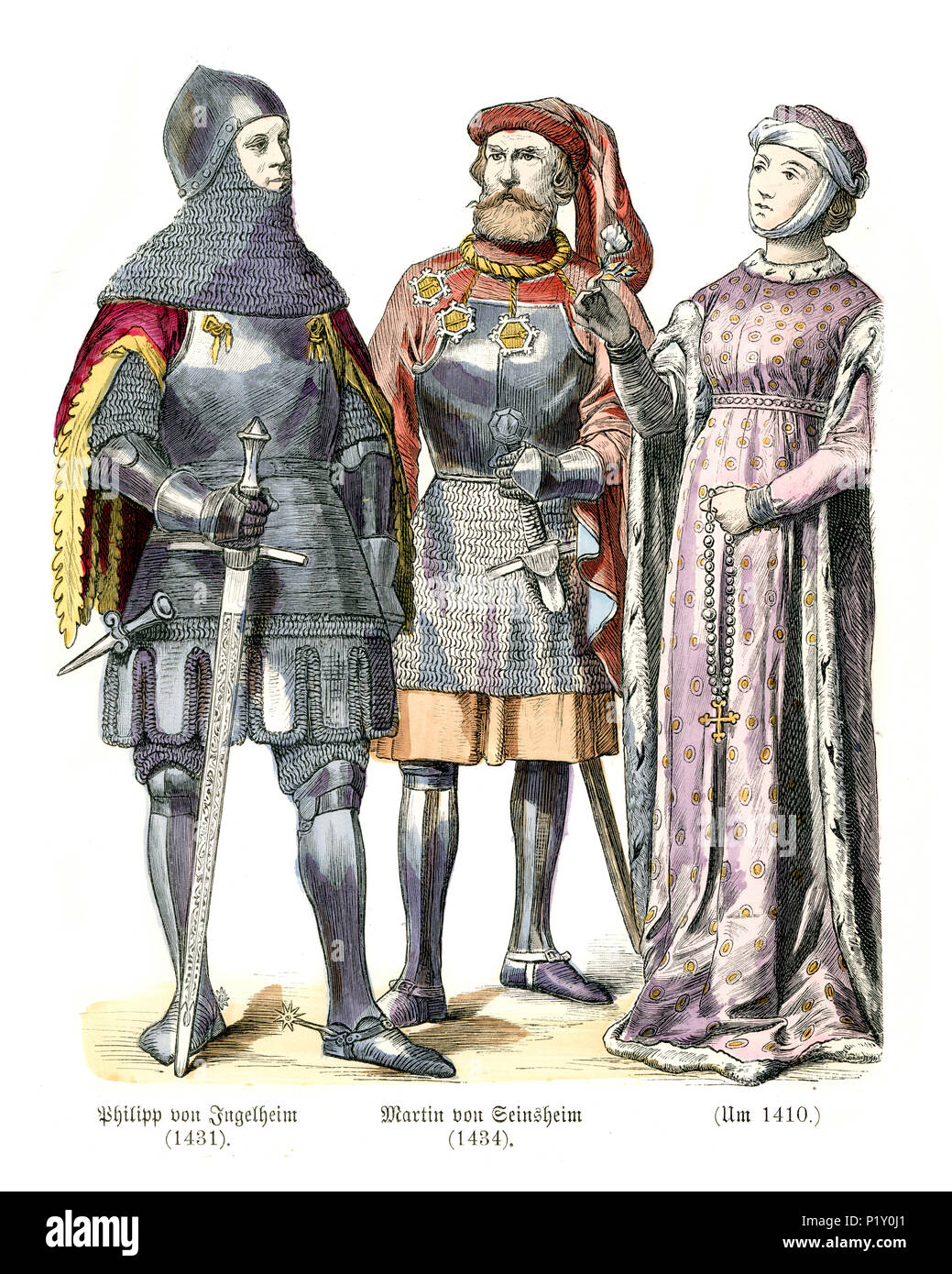 Vintage engraving of History of Fashion, Medieval knights and lady, German, 15th Century. Philipp von Ingelheim, a german knight, Martin von Seinsheim Stock Photo