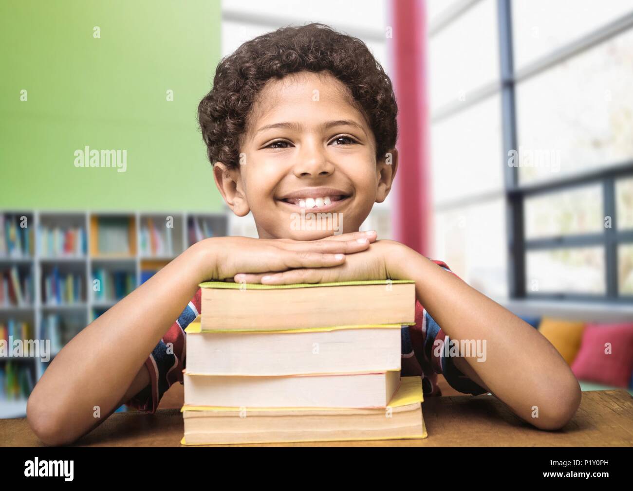 School boy in education library Stock Photo Alamy