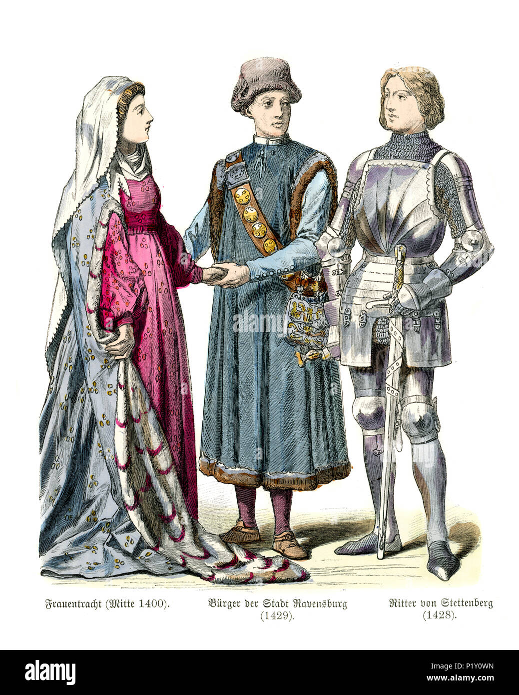 Vintage engraving of History of Fashion, Costumes of Germany. German Medieval knight of Stettenberg, lady, citizen of  Ravensburg 15th Century Stock Photo