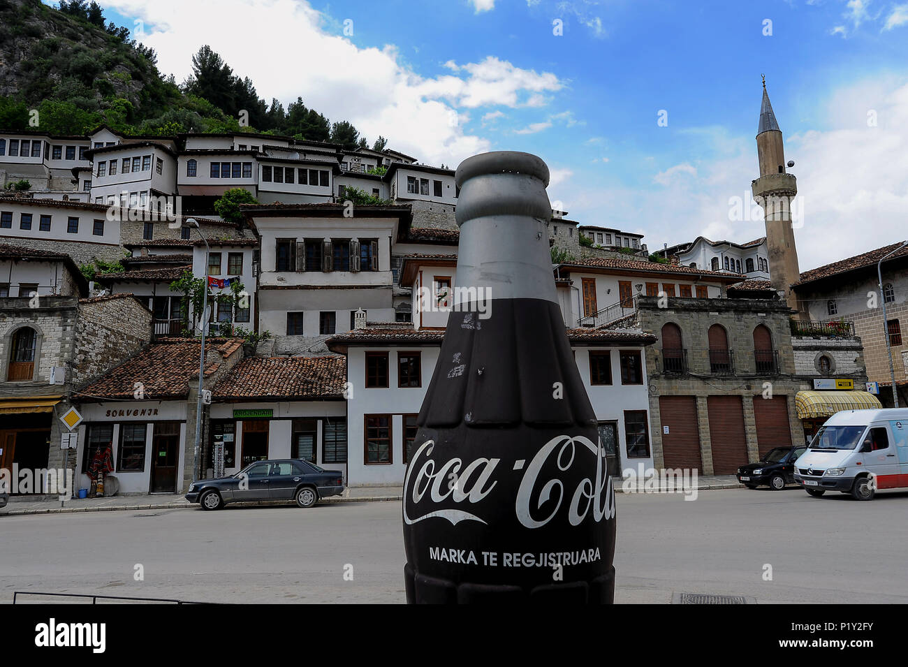 Berat, Albania, Coca-Cola advertising in the streets of the city Stock Photo