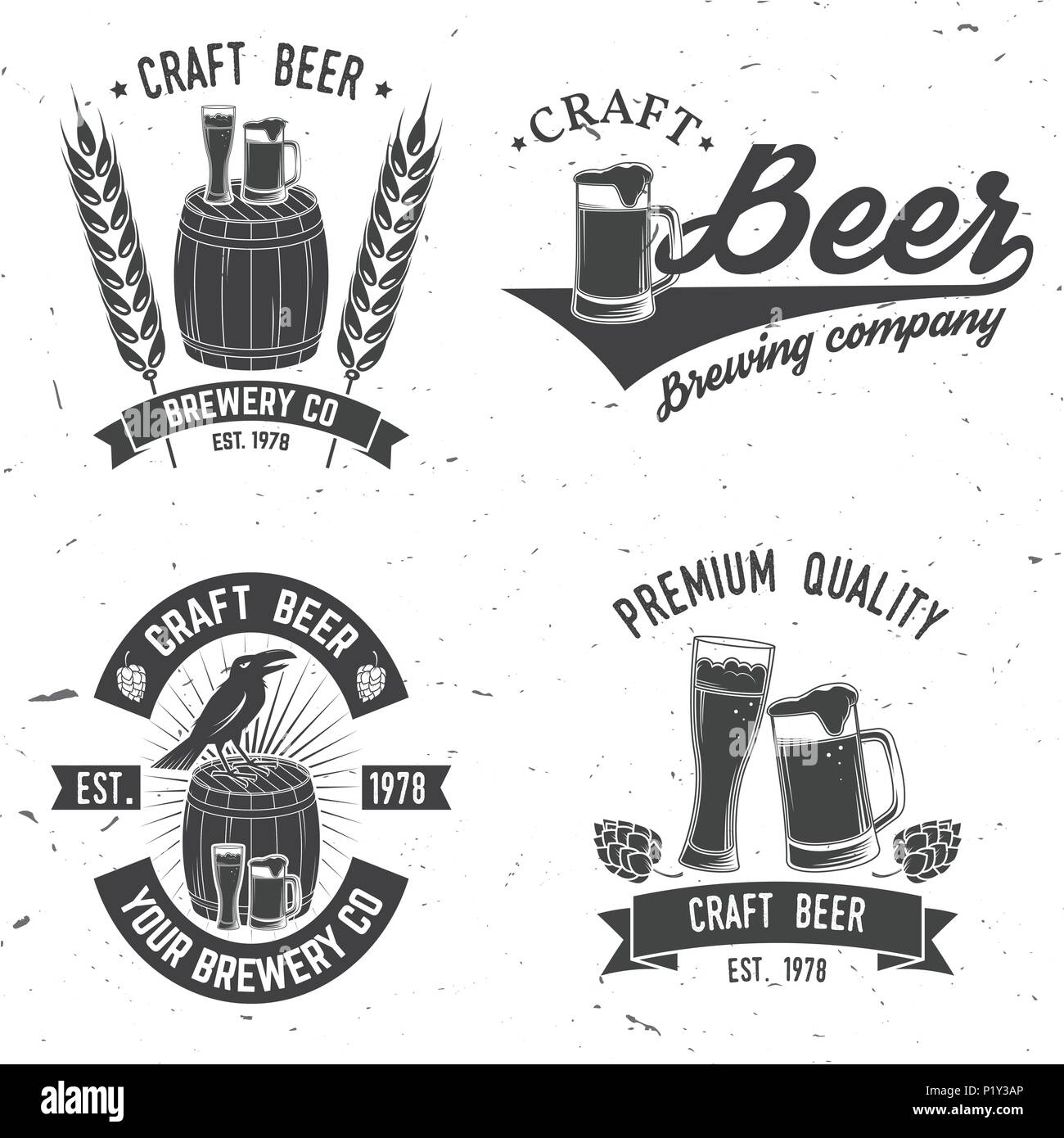 Set of Craft Beer badges with hops and bear. Vector illustration. Vintage design for bar, pub and restaurant business. Coaster for beer. Stock Vector