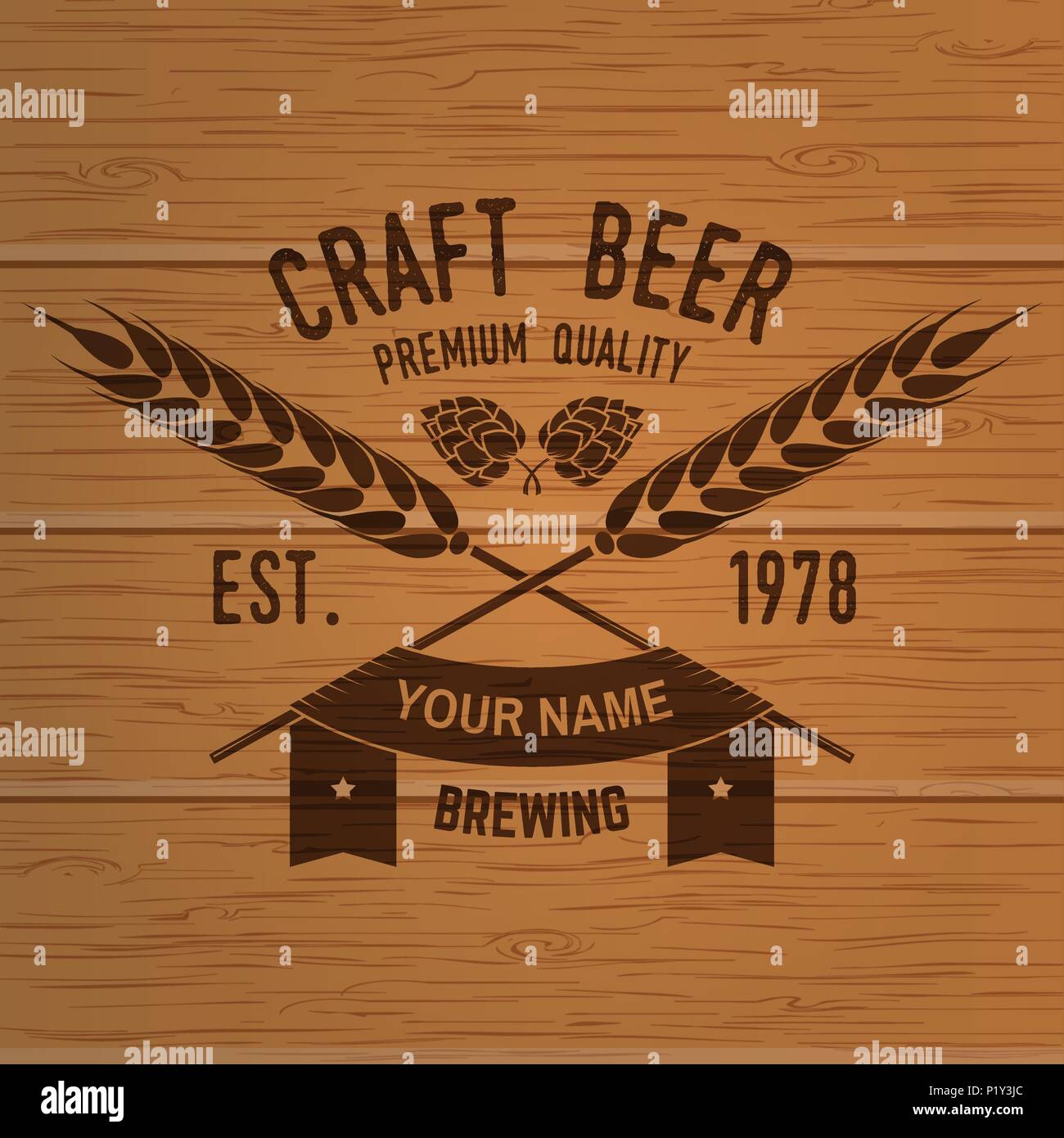 Craft Beer badge. Vector illustration. Vintage design for bar, pub and restaurant business. Photorealistic wood engraved craft beer design. Stock Vector