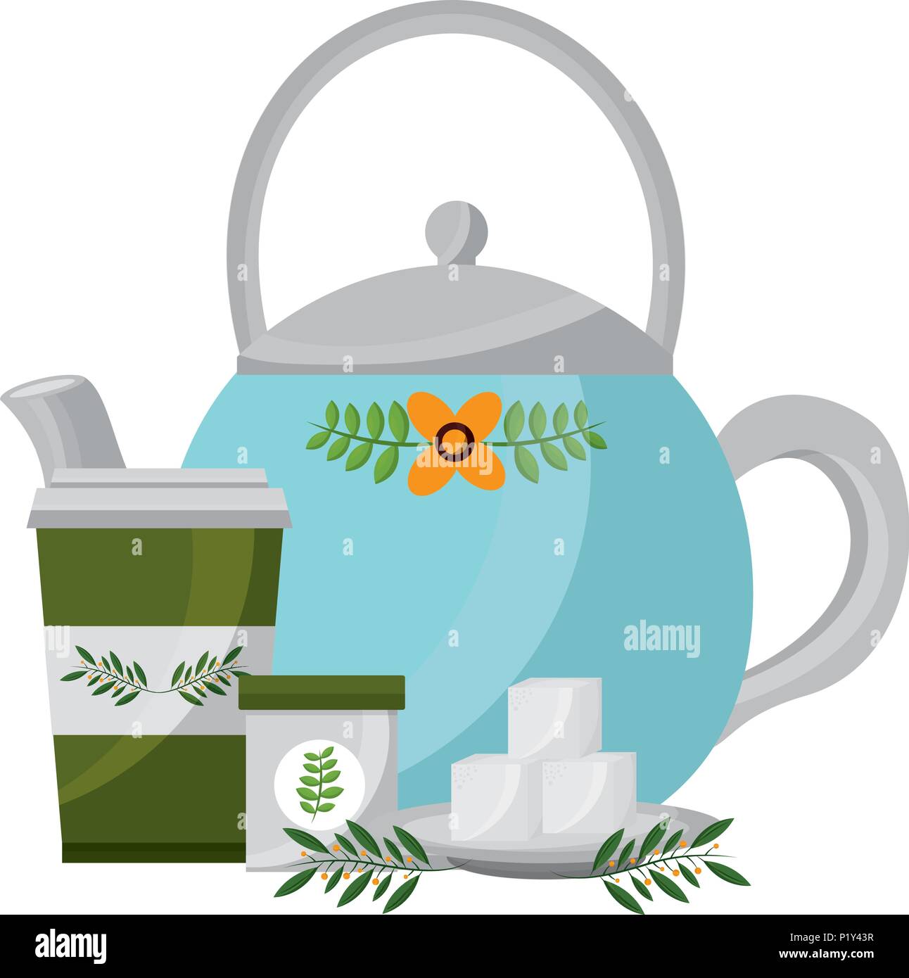 teapot ceramic paper cup tea sugar cubes and leaves vector illustration