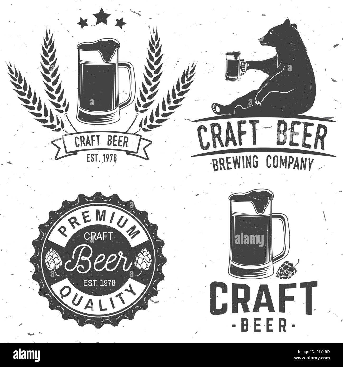 Set of Craft Beer badges with hops and bear. Vector illustration. Vintage design for bar, pub and restaurant business. Coaster for beer. Stock Vector