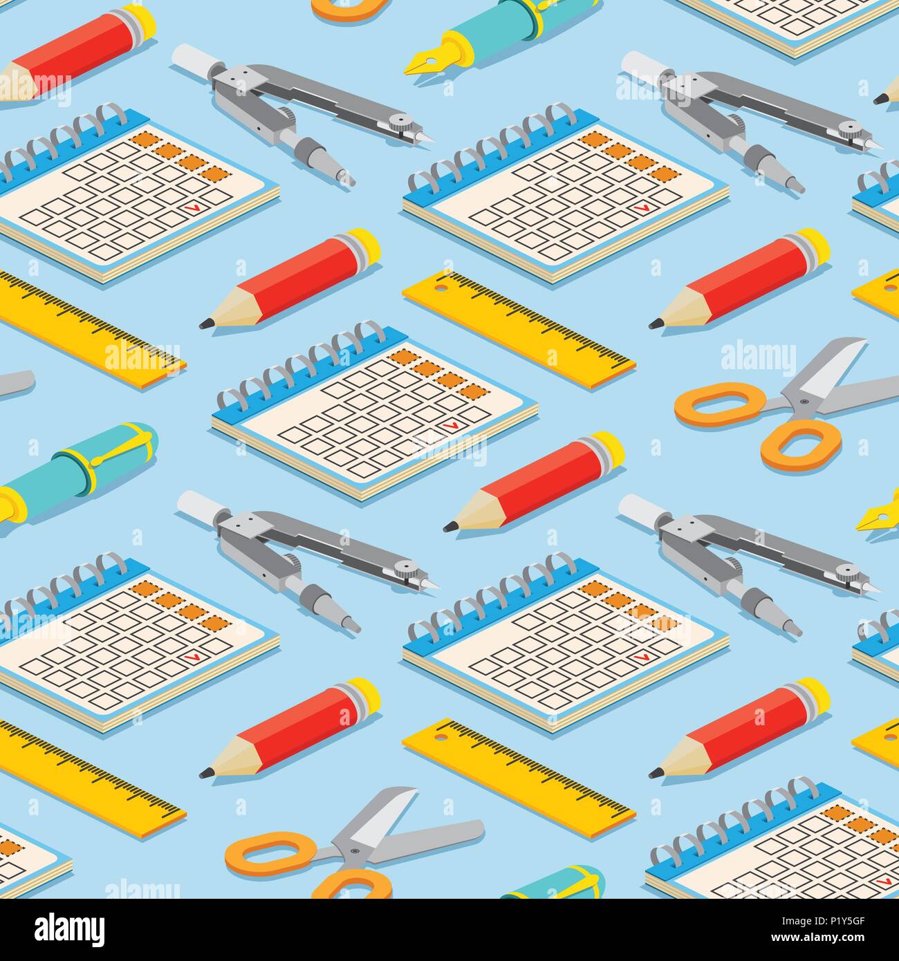Seamless pattern with isometric pair of compasses, calendar, fountain pen, pencil, and scissors on blue background. Vector illustration. Stock Vector