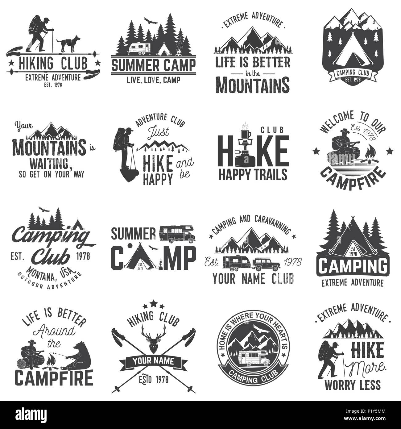 Summer camp with design elements. Vector illustration. Set of extreme adventure badges. Vintage typography design with rv trailer, camping tent, man w Stock Vector