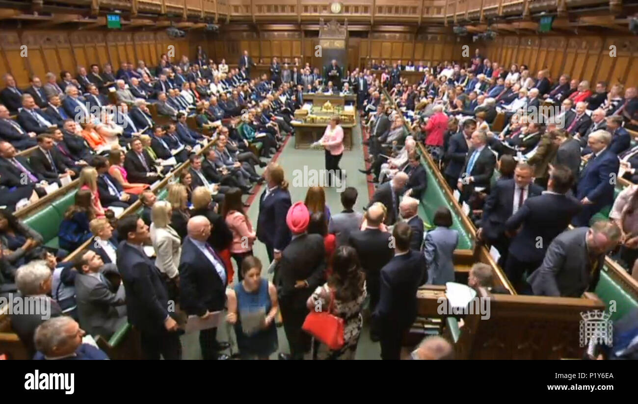 SNP MPs walk out of the House of Commons during Prime Minister's Questions after the party's Westminster leader Ian Blackford was kicked out of Commons sittings for the rest of the day after repeatedly challenging Speaker John Bercow. Stock Photo