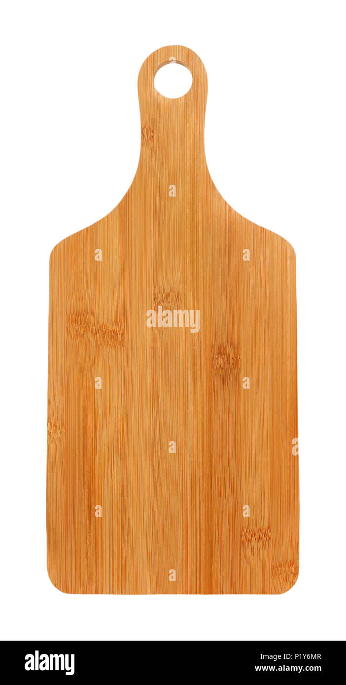 wooden cutting board with handle on white background Stock Photo