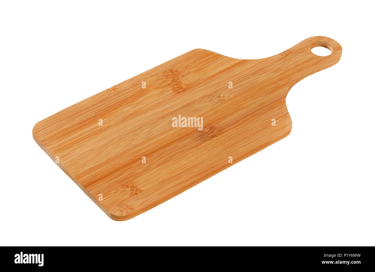 wooden cutting board with handle on white background Stock Photo