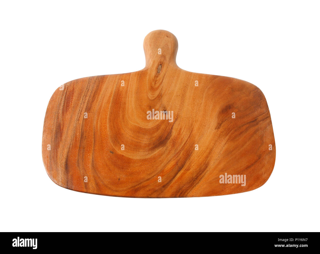 wooden cutting board with handle on white background Stock Photo