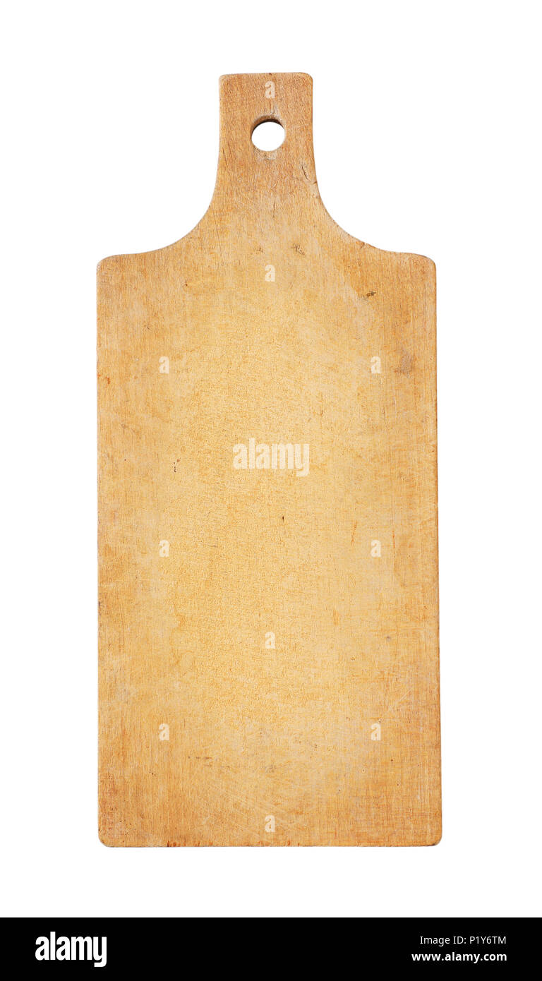 wooden cutting board with handle on white background Stock Photo