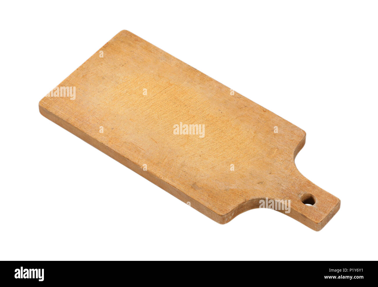 wooden cutting board with handle on white background Stock Photo