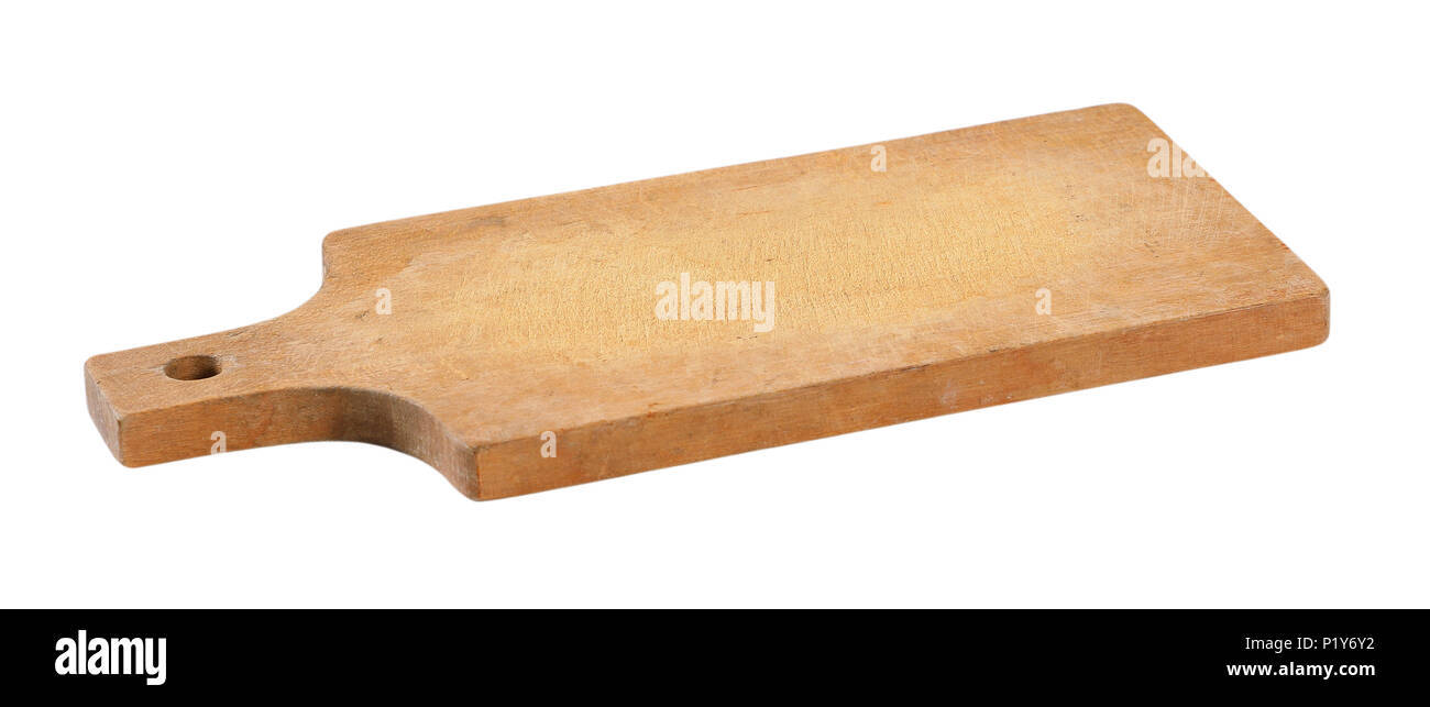 wooden cutting board with handle on white background Stock Photo