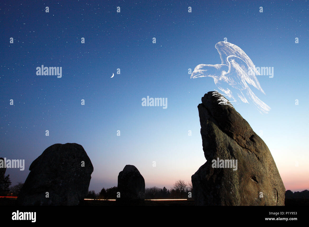 Morbihan, Carnac, menhirs, alignment of Kermario in the twilight, stars. The constellation of the Corbel looks with desire the crescent of the moon. Stock Photo