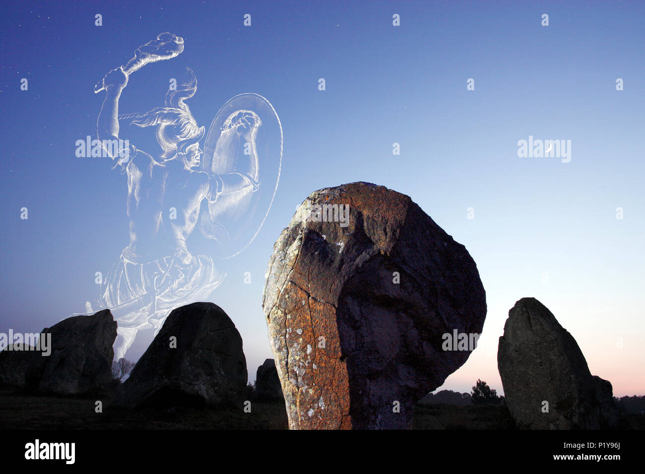 Morbihan, Carnac, menhirs, alignment of Kermario in the twilight. The Orion hunter seems to want to capture the crescent of the moon. Stock Photo