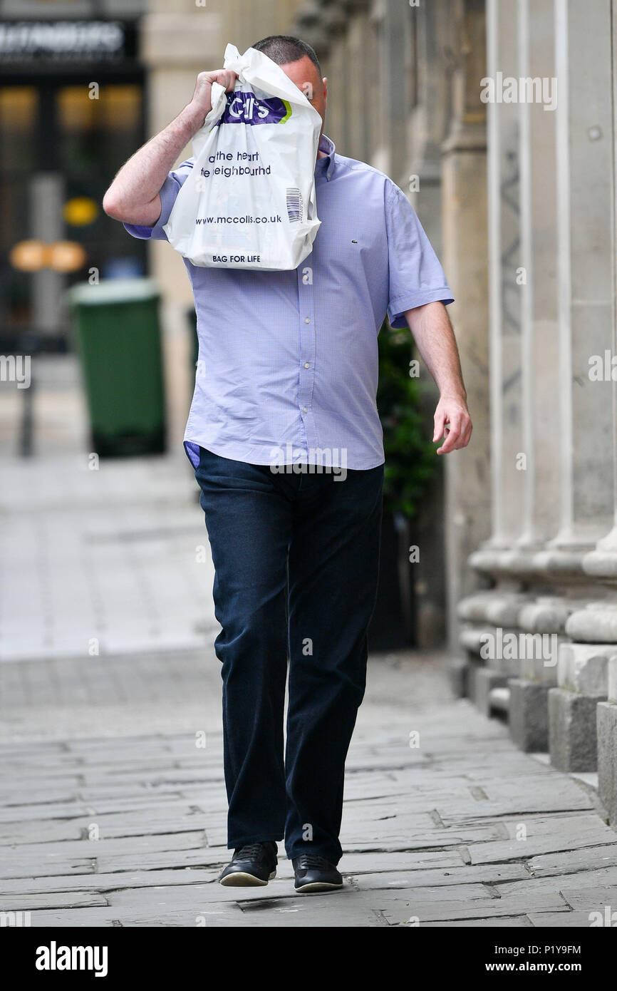 Thomas Lynch arrives at Bristol Crown Court, where he is one of eleven men on trial in connection with a multi-million pound raid at a cider-making family's sprawling home in Somerset. Stock Photo