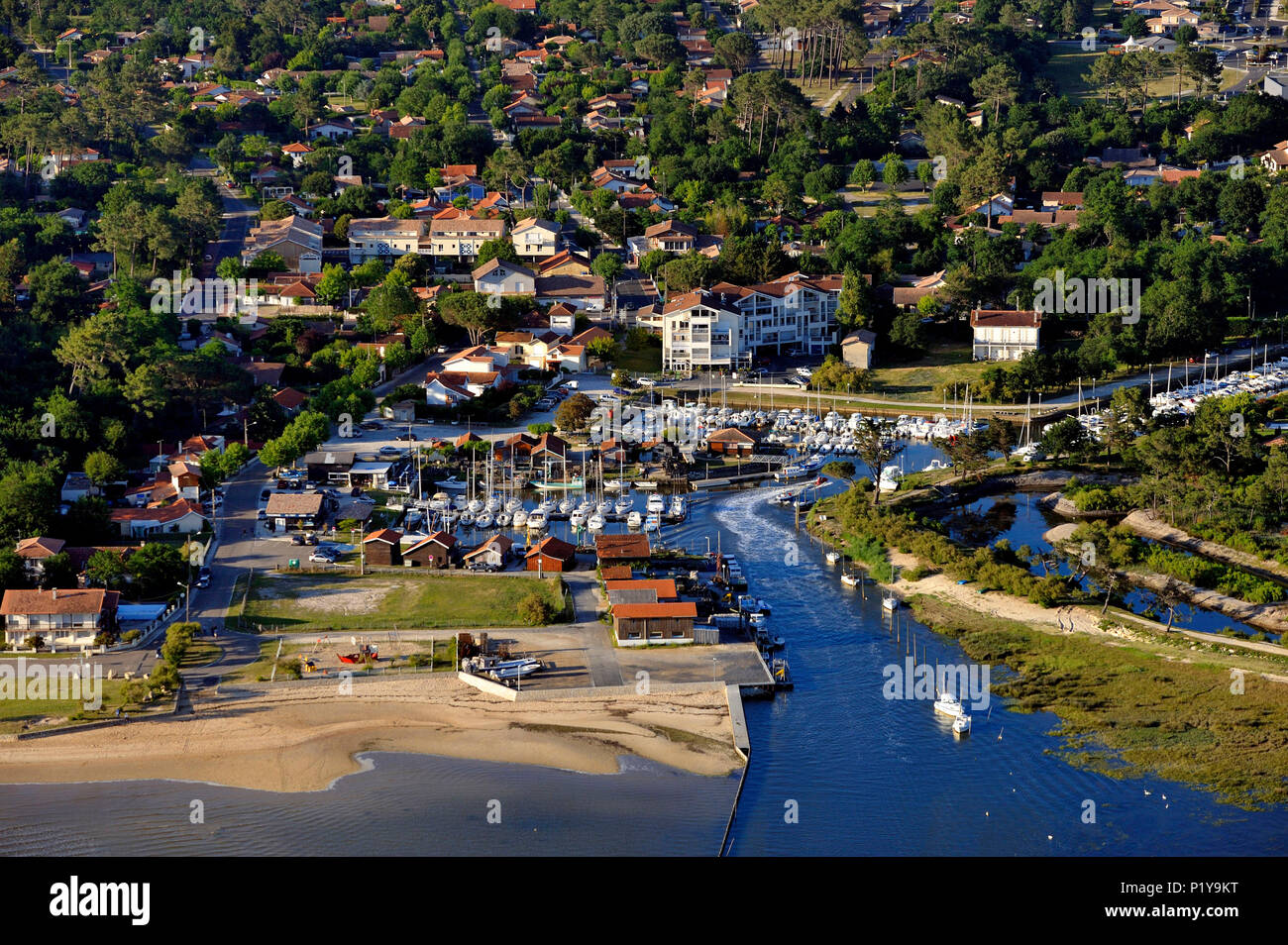 France, West-coast of France, Arcachon Bay, aerial view of the leisure and oyster harbours of Cassy Stock Photo