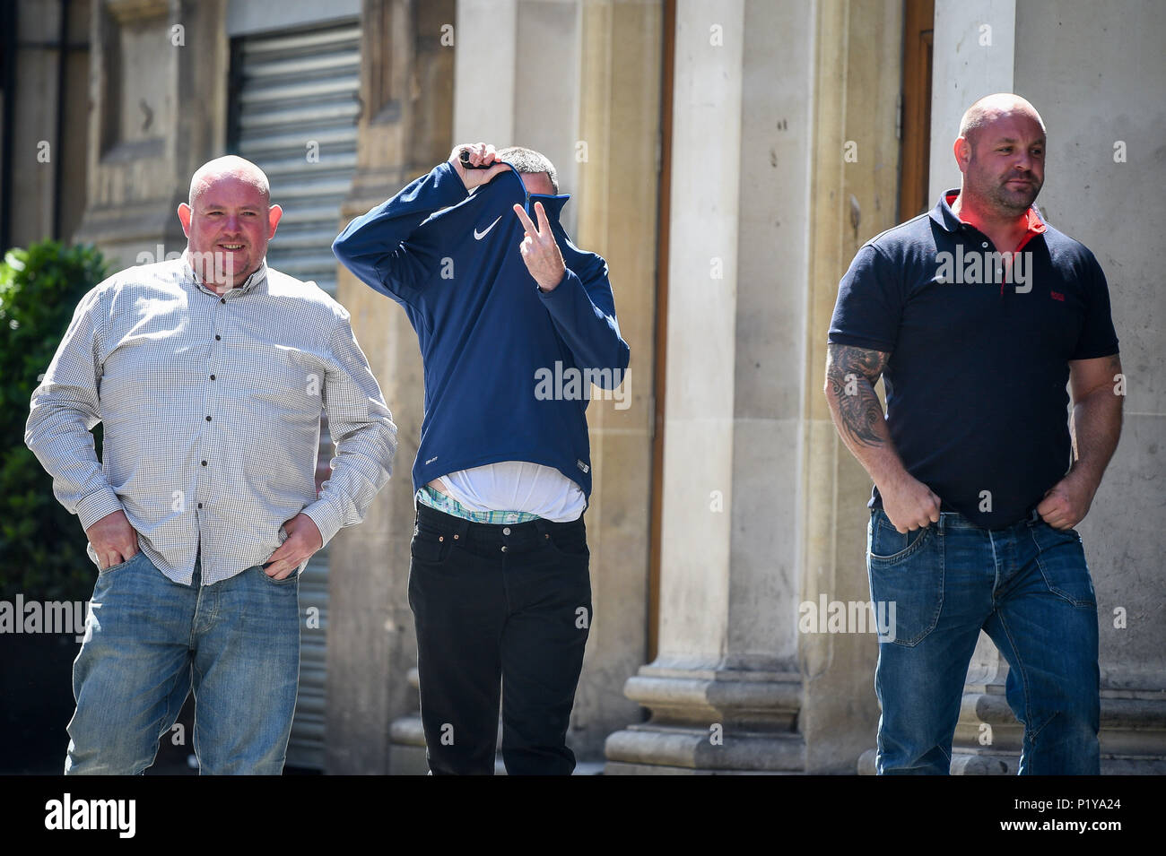 Previously unissued photo dated 06/06/18 of (left to right) Liam Judge, Thomas Lynch and Matthew Evans outside Bristol Crown Court, where they are among eleven men on trial in connection with a multi-million pound raid at a cider-making family's sprawling home in Somerset. Stock Photo