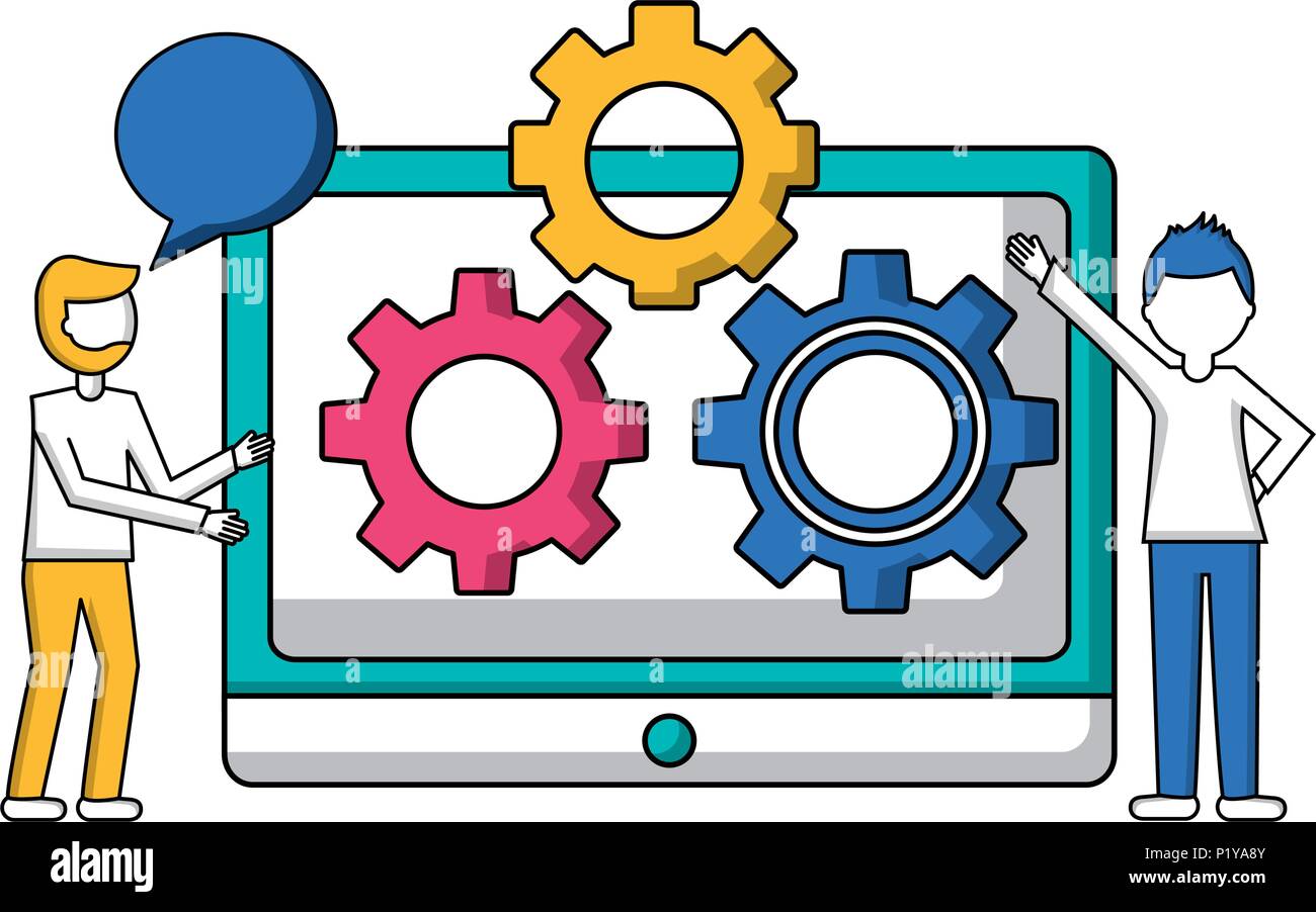 people tablet computer gear teamwork vector illustration Stock Vector ...