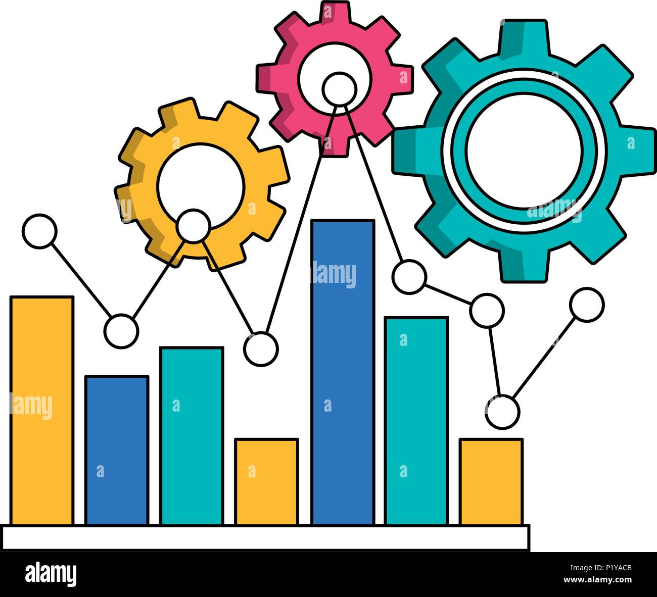 statistic bar graph pointed line and gears teamwork vector illustration ...
