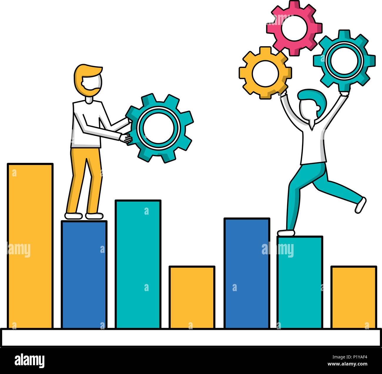 people on statistic business diagram with gears teamwork vector ...