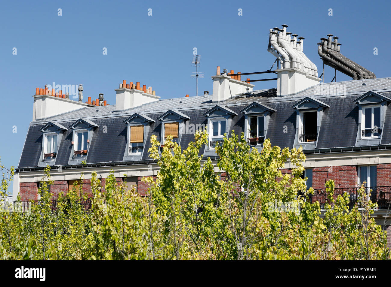Paris. 12th district. The Green Casting Rene Dumont. Facade of old building emerging from trees view from the Green Casting. Stock Photo