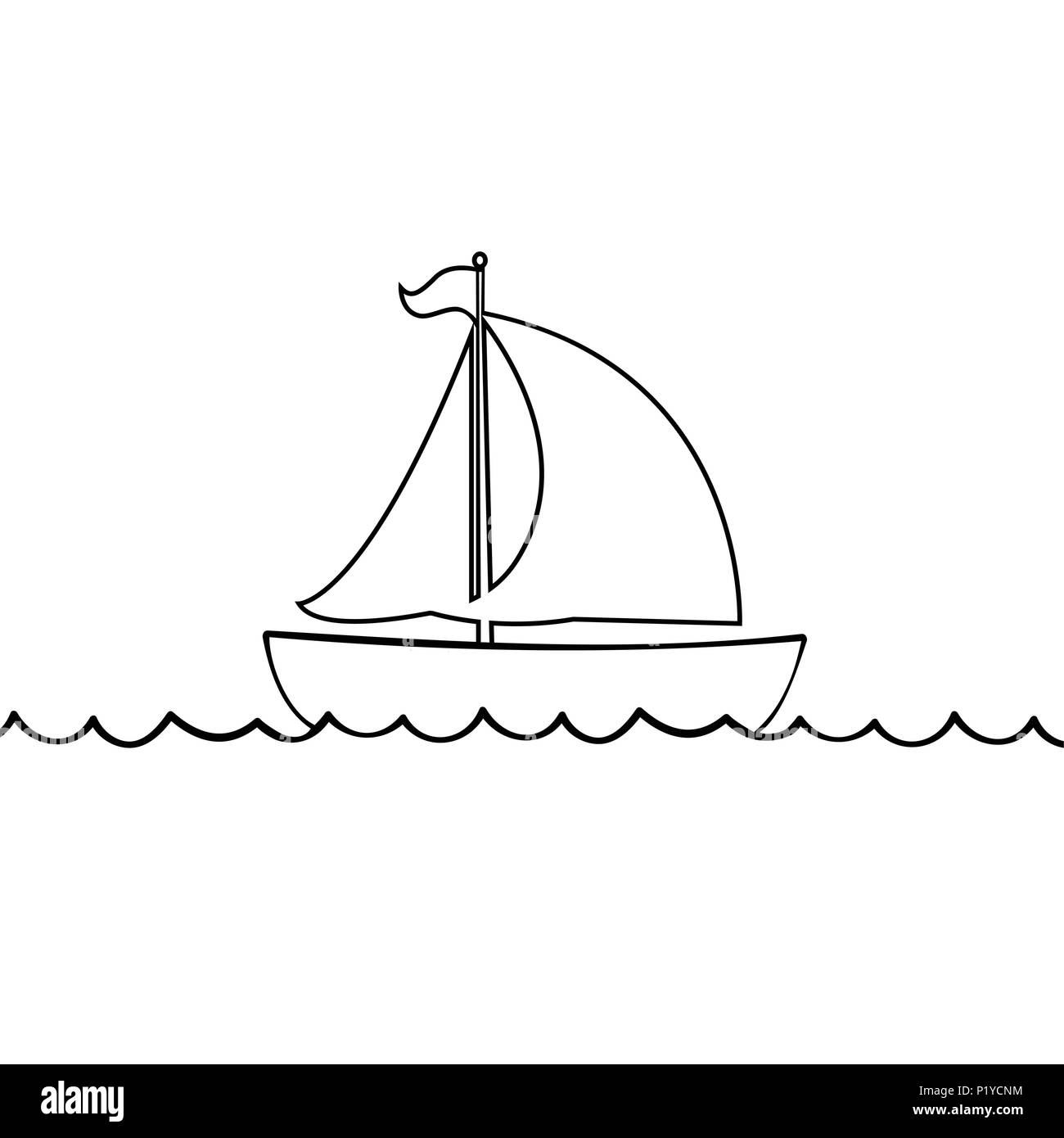 Vector black contour outline silhouette illustration of sailing ship transportation floating on sea waves. Yacht boat icon isolated on white backgroun Stock Vector