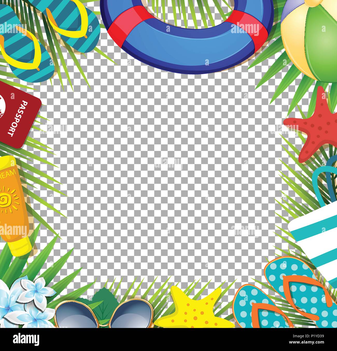 Top view of summer holidays border frame template with copy space. Vacation tropical  beach accessories and palm leaves with sunglasses, sea stars, lif Stock  Vector Image & Art - Alamy