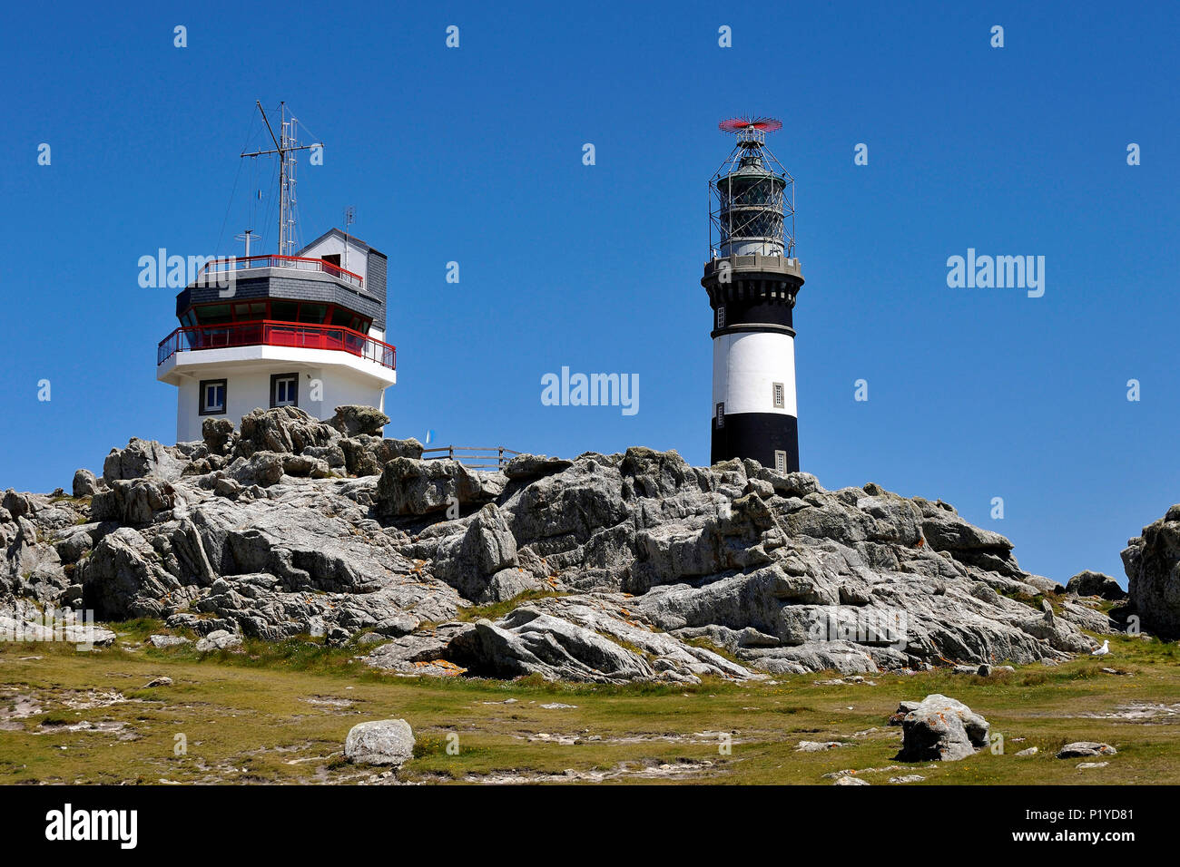 France, Brittany, Finistere, the Creach lighthouse and Semaphore on the Ouessant Island Stock Photo