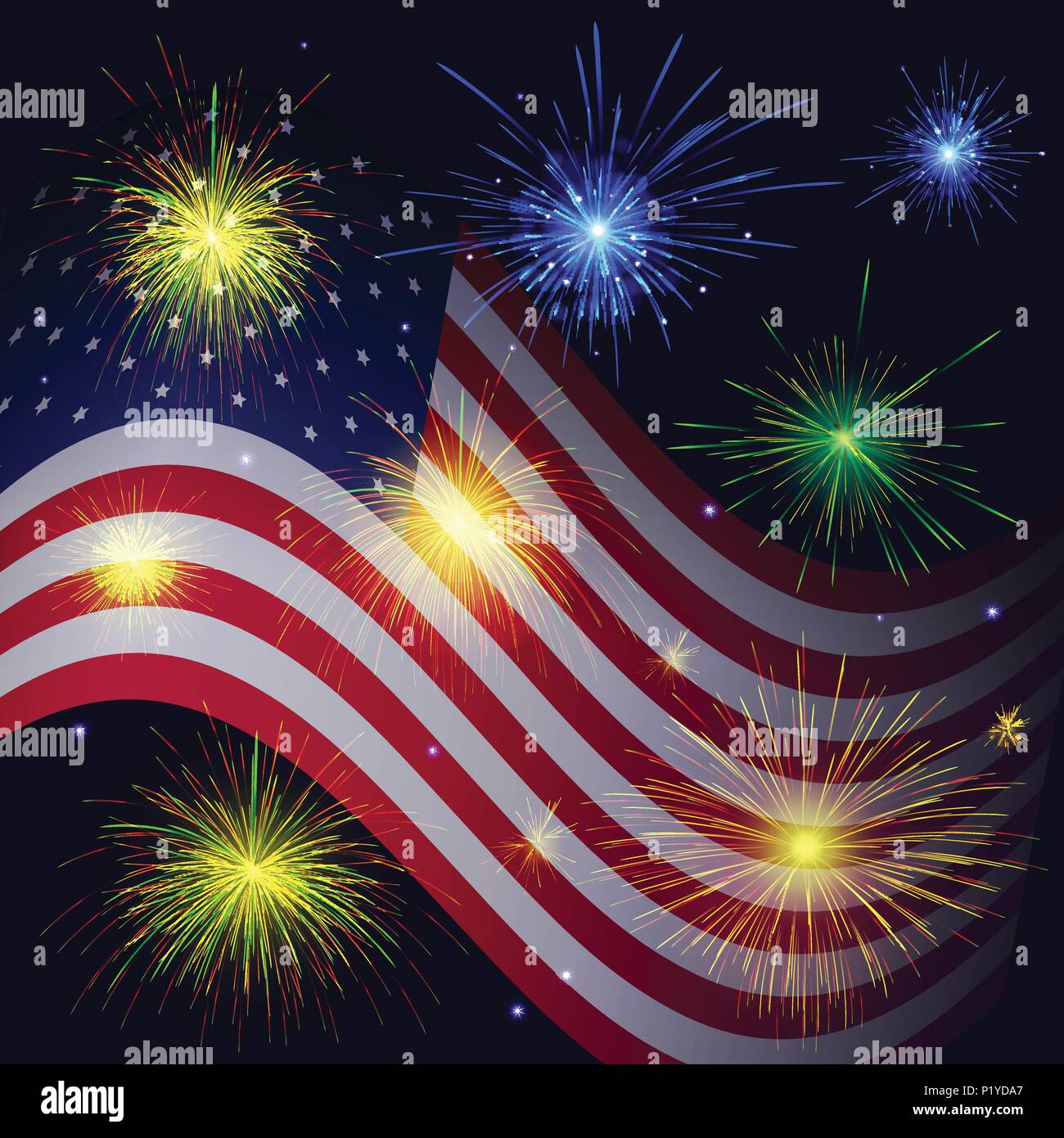 United States flag and celebration blue, golden, green, red fireworks vector background. Independence Day, 4th of July holidays salute greeting card. Stock Vector