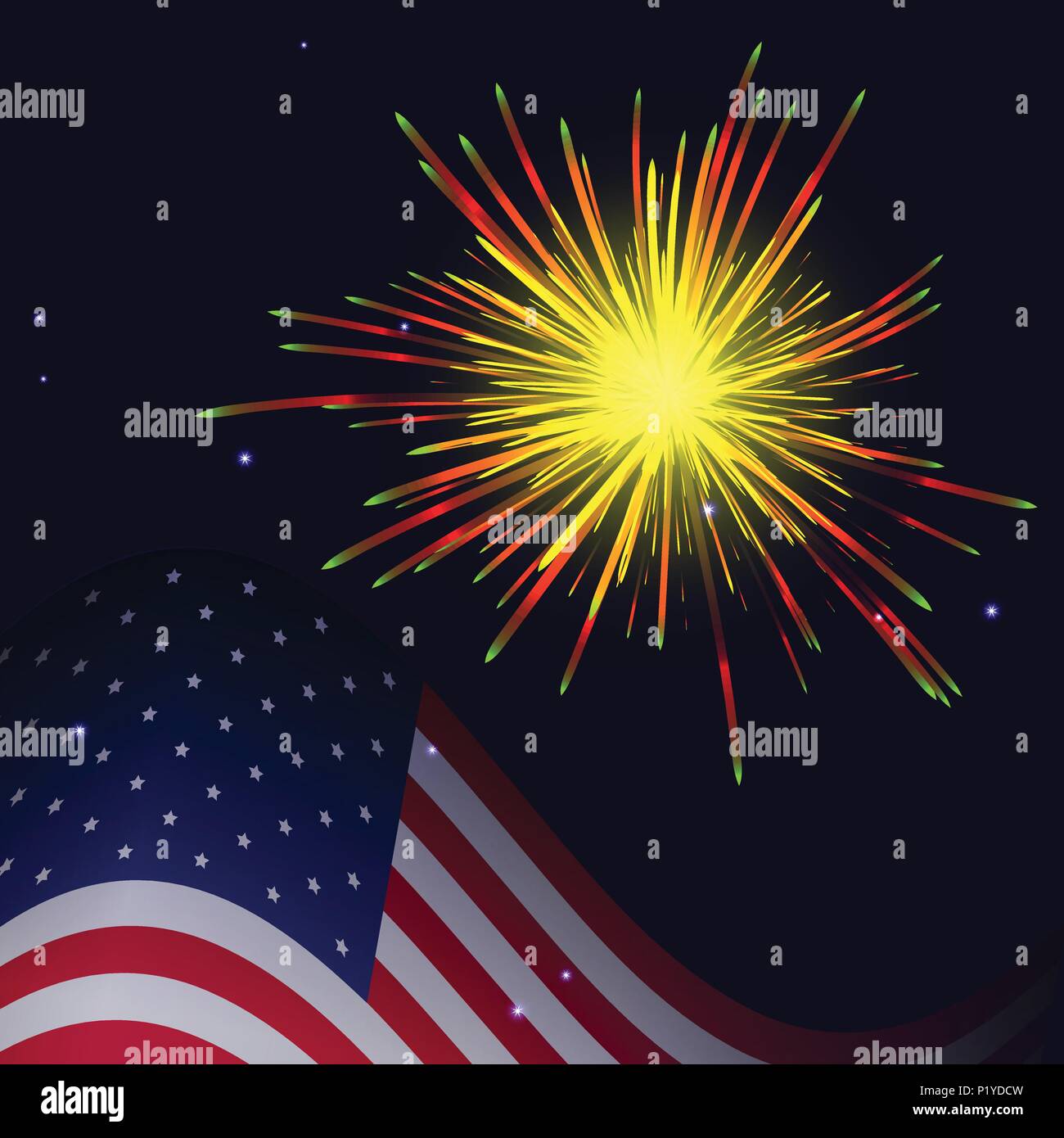 United States flag and celebration radiant yellow red green fireworks vector background. Independence Day, 4th of July holidays salute greeting card. Stock Vector