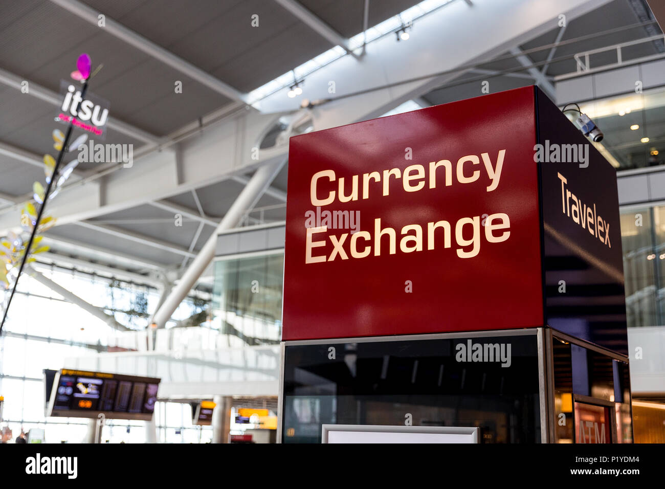 LONDON - MAY 27, 2018: Bureau de Change currency exchange sign at London Heathrow airport terminal Stock Photo