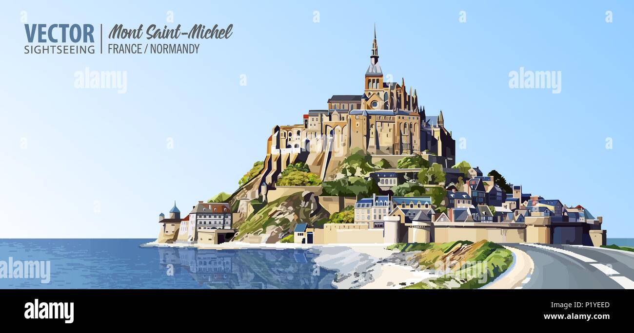 Mont Saint Michel cathedral on the island. Abbey. Normandy, Northern France, Europe. Landscape. Beautiful panoramic view. Vector illustration. Stock Vector