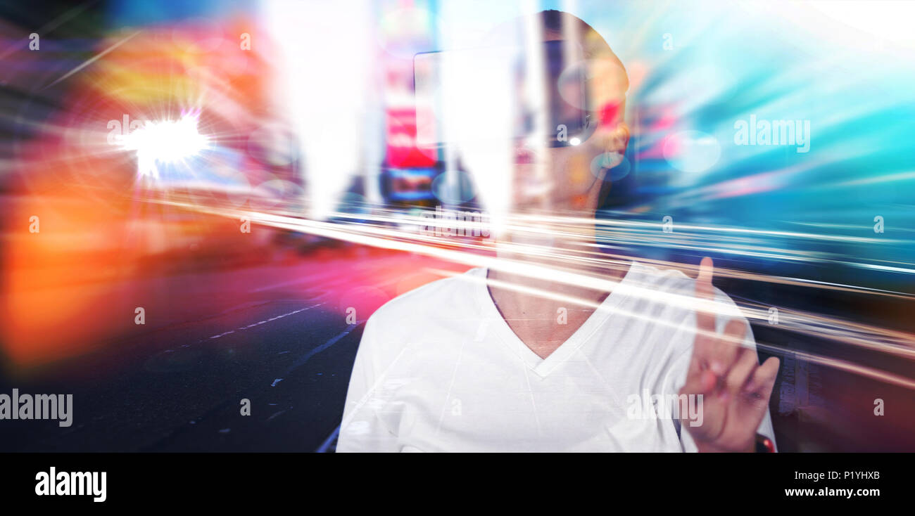 Composite image of young woman gesturing while using virtual reality headset simulator Stock Photo