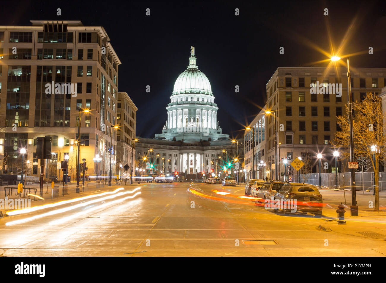 Downtown Madison, Wisconsin, USA long exposure at night with view of capitol building illuminated Stock Photo