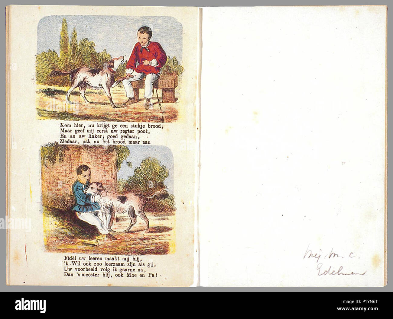 Jongen en meisje in de klederdracht van Amsterdamse wezen Amsterdam  Weeskinderen (titel op object) Part of album with photographs and  lithographs seen that: conditions in North and South Holland towns,  paintings and, image size:1300x1057