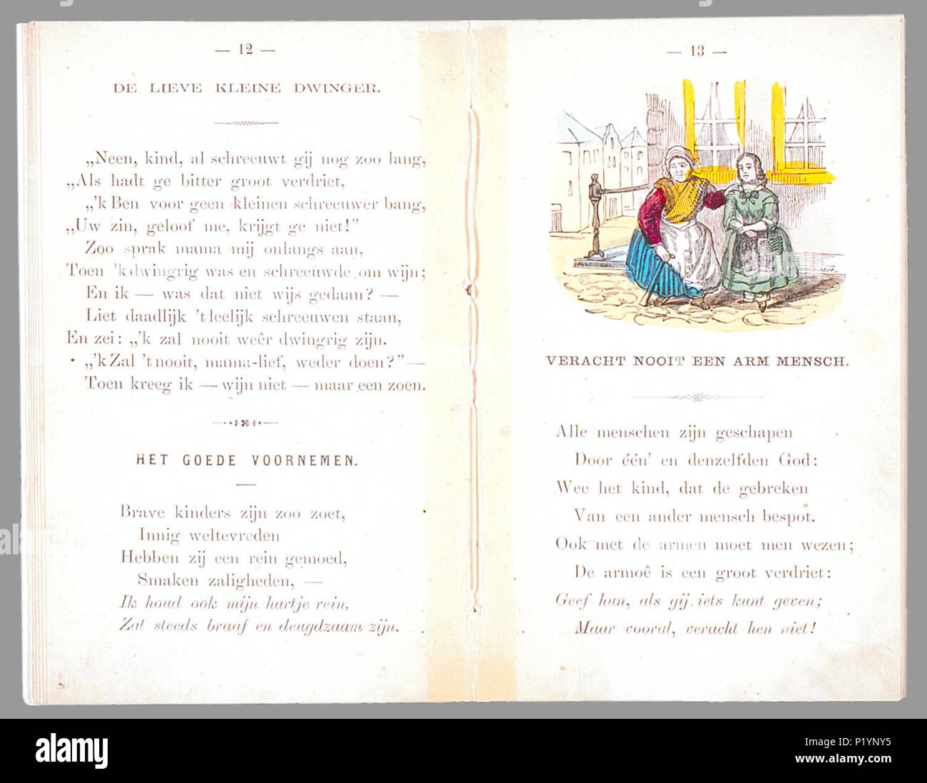 . Eerste kindergedichtjes aan moeders schoot / met gekleurde plaatjes.  Boekje met versjes en handgekleurde illustraties. Elk vers wordt besloten met een cursief gedrukte moraal. Onderwerpen: gehoorzaamheid, zoet spelen, beleefdheid, niet plagen en nergens om vragen, niet snoepen, ouderliefde, dankbaarheid tot God die alles ziet, ordelijkheid, tevredenheid, respect voor de armen en aalmoezen geven. // 3e dr Kindergedichtjes aan moeders schoot 24 p : handgekl. ill // Datering: 3e dr. niet in Brinkman; in Lust en Leering is de 1e druk geschat op ca. 1840, de 6e dr. verscheen in 1870; schatting G Stock Photo