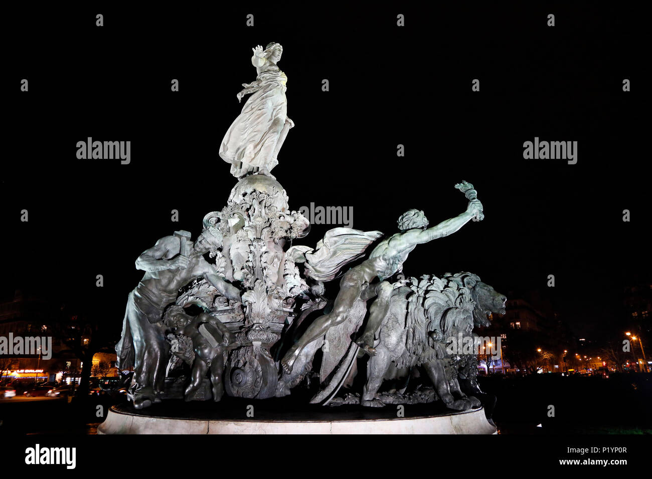 Paris, 12th arr., Place de la Nation, monument 'The Triumph of the Republic' by Jules Dalou night. Stock Photo