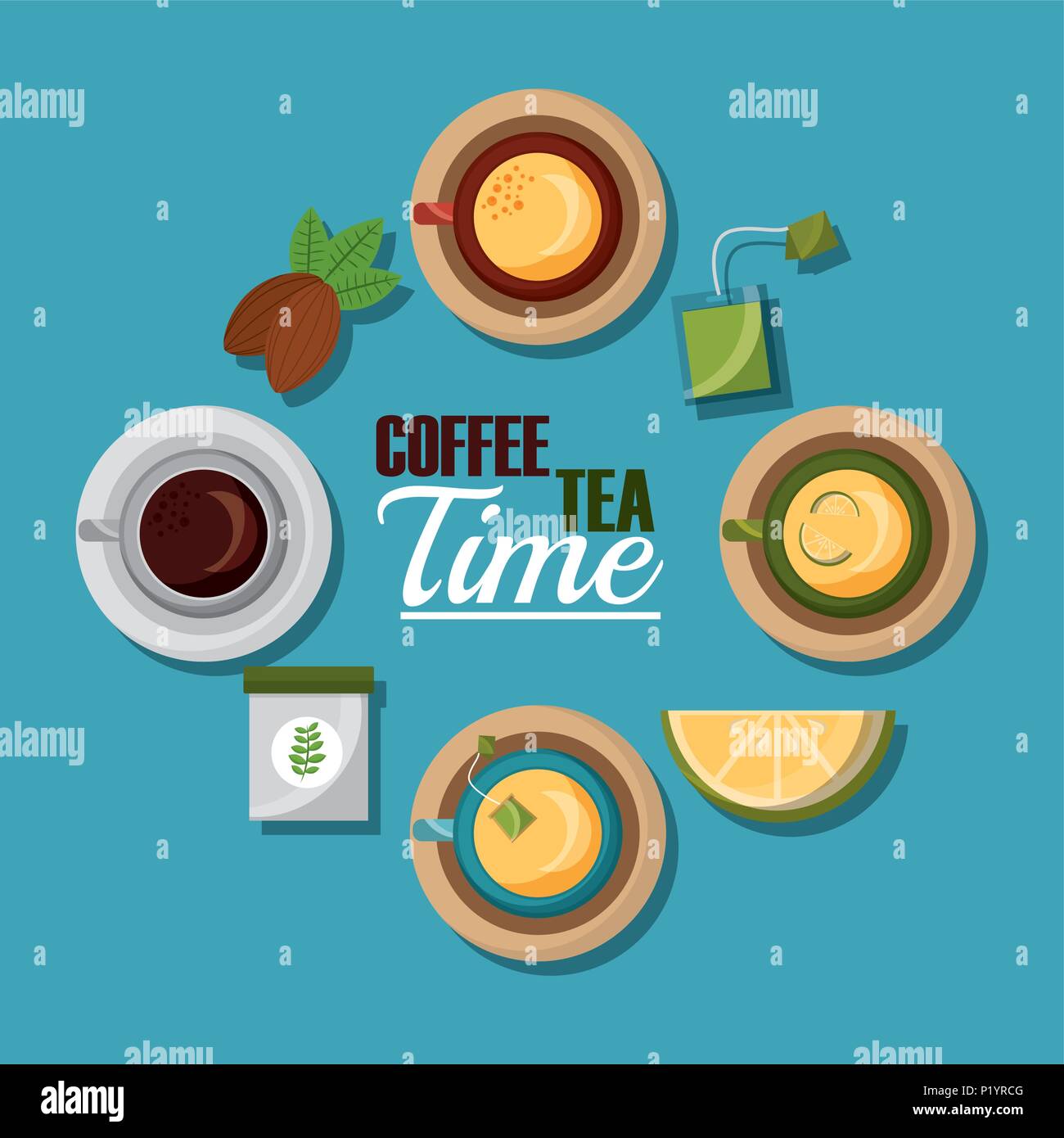 coffee and tea time coffee and tea cups lemon seed and teabag