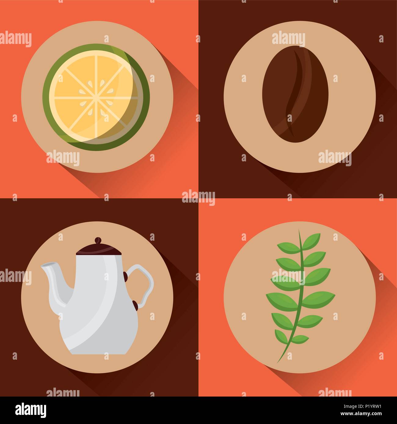 coffee and tea time coffee maker seed lemon and herbal leaves set vector illustration Stock